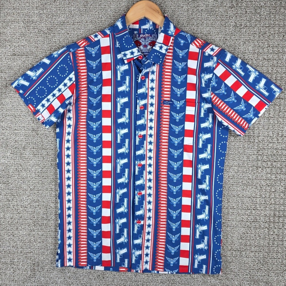 Retro Rifle Independence Mens Sz M Patriotic Button Up Shirt Blue Red White Guns